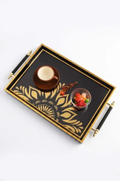 Dijital Baskılı Cam Servis Tepsisi – Güneş Motifli, Metal Kulplu 46x28 cm ürün görseli 1