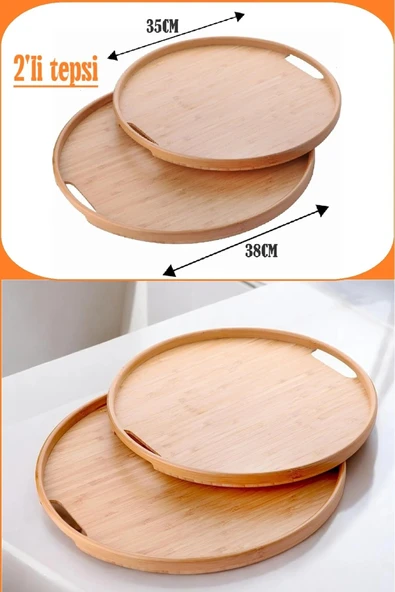 2'li Bambu Tepsi Seti, İnce Tasarım Özel Üretim Yuvarlak 2'li Bambu Tepsi Seti (35x35 & 38x38) ürün görseli 1