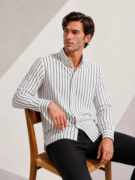 Reeport Uzun Kol Slim Fit Erkek Çizgili Gömlek - 7642 ürün görseli 1