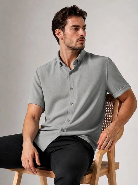 Reeport Likralı Kısa Kol Slim Fit Çizgili Gömlek - 7640 ürün görseli 1
