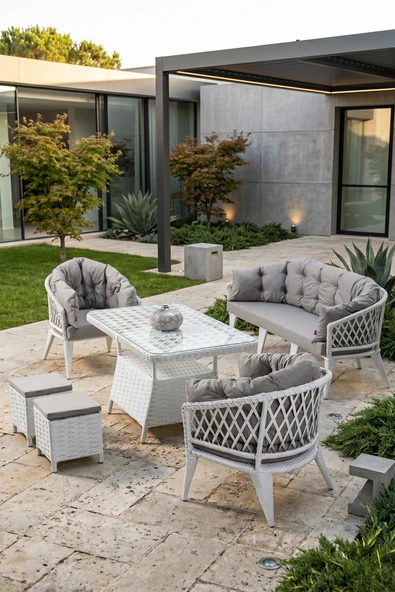 Liatris Serisi 1. Sınıf 3+1+1+2 Puf Beyaz Rattan Gri Minder Bahçe Takımı, Balkon Takımı ürün görseli 1