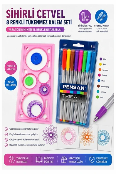 Sihirli Cetvel 1 Adet ve Pensan Triball Tükenmez Kalem 8 li 1 Paket Plastik Sihirli Daire Cetvel Desen Şablon Çizim Okul ürün görseli 1