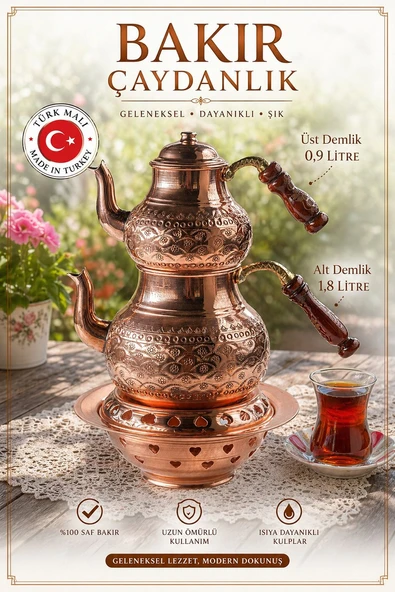 El Yapımı Bakır Balkon Sefalı BÜYÜK BOY Çaydanlık Takımı – Büyük Boy 2 Katlı Semaver Tipi Çaydanlık – Alt Demlik 1,8 L / Üst Demlik 0,9 L – Gaziantep Üretimi ürün görseli 1