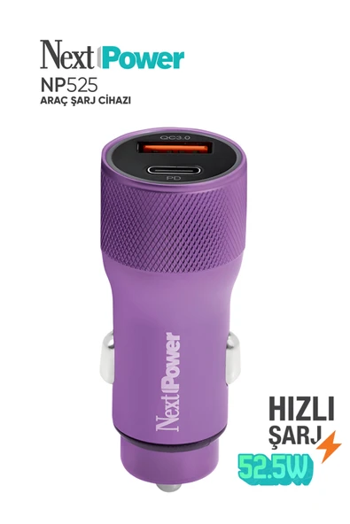 Next Power 52.5W Araç içi Hızlı Şarj Aleti Type-C + USB Güç Adaptörü Oto Çakmaklık - Mor ürün görseli 1