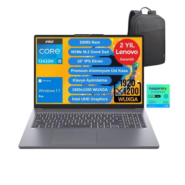 Lenovo Ideapad Slim 3 16IRH10 Intel Core I5 13420H 16GB 2TB SSD W11P 16” Wuxga 83K20077TR - Lenovo Çanta / 1 Yıl Kaspersky Yazılım Koruma Wz6 ürün görseli 1