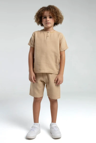 Roly Poly Premium Erkek Çocuk Keten Pamuklu Rahat Kalıp Kısa Kol Bermuda Şortlu Pijama Takım ürün görseli 1