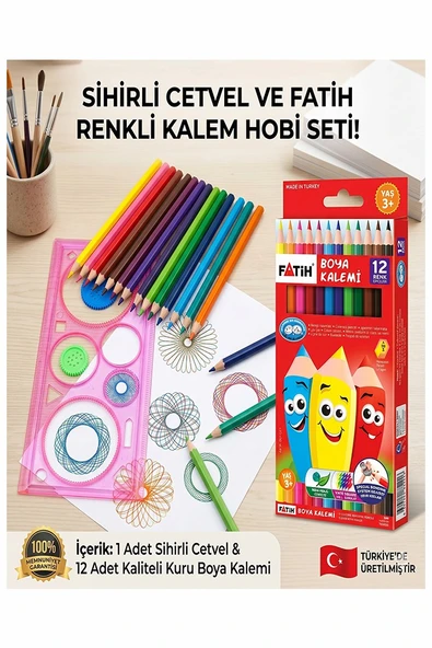 Sihirli Cetvel 1 Adet ve Fatih 12 li Kuruboya 1 Paket Plastik Sihirli Daire Cetvel Desen Şablon Çizim Okul Hediye ürün görseli 1