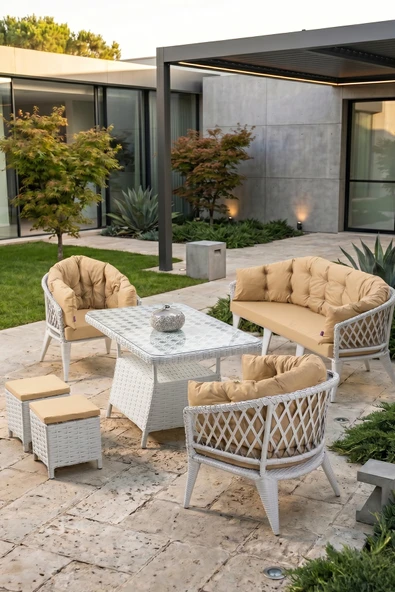 Liatris Serisi 1. Sınıf 3+1+1+2 Puf Beyaz Rattan Cappucino Minder Bahçe Takımı, Balkon Takımı ürün görseli 1