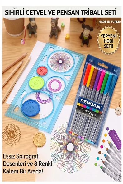Sihirli Cetvel 1 Adet ve Pensan Triball Tükenmez Kalem 8 li 1 Paket Plastik Sihirli Daire Cetvel Desen Şablon Çizim Okul ürün görseli 1