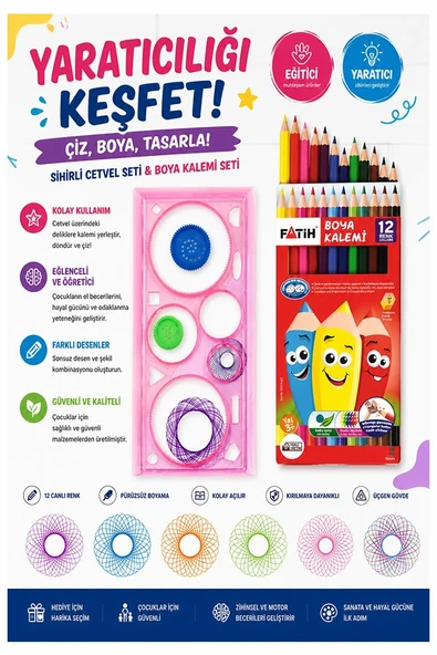 Sihirli Cetvel 1 Adet ve Fatih 12 li Kuru Boya 1 Paket Plastik Sihirli Daire Cetvel Desen Şablon Çizim Okul Hediye ürün görseli 1