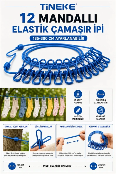 TİNEKE 12 Mandallı Taşınabilir Elastik Çamaşır İpi | 185-380 cm Ayarlanabilir | Kamp, Seyahat ve Balkon İçin ürün görseli 1