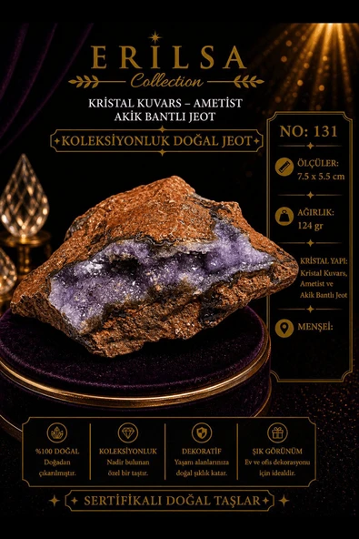 Sertifikalı Kristal Kuvars Ametist Akik Bantlı Jeot Koleksiyonluk Doğal Taş Dekoratif Obje NO 131 ürün görseli 1