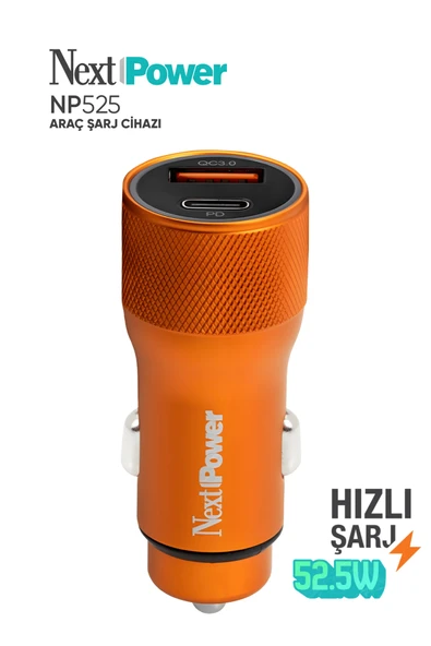 Next Power 52.5W Araç içi Hızlı Şarj Aleti Type-C + USB Güç Adaptörü Oto Çakmaklık - Turuncu ürün görseli 1