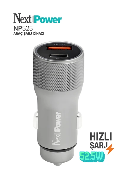 Next Power52.5W Araç içi Hızlı Şarj Aleti Type-C + USB Güç Adaptörü Oto Çakmaklık - Gri ürün görseli 1