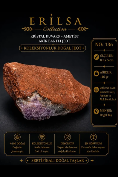 Sertifikalı Kristal Kuvars Ametist Akik Bantlı Jeot Koleksiyonluk Doğal Taş Dekoratif Obje NO 136 ürün görseli 1