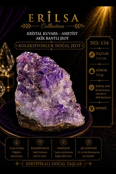 Sertifikalı Kristal Kuvars Ametist Akik Bantlı Jeot Koleksiyonluk Doğal Taş Dekoratif Obje NO 134 ürün görseli 1