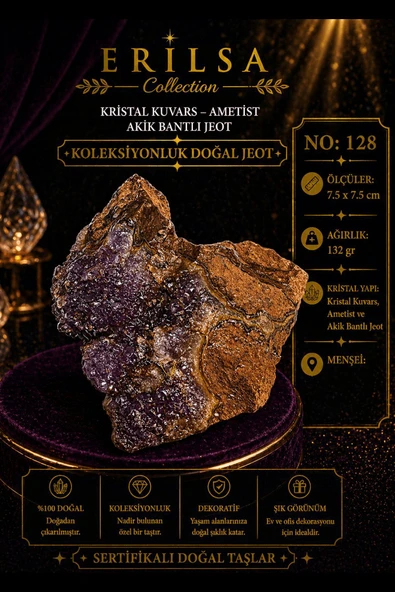 Sertifikalı Kristal Kuvars Ametist Akik Bantlı Jeot Koleksiyonluk Doğal Taş Dekoratif Obje  NO128 ürün görseli 1