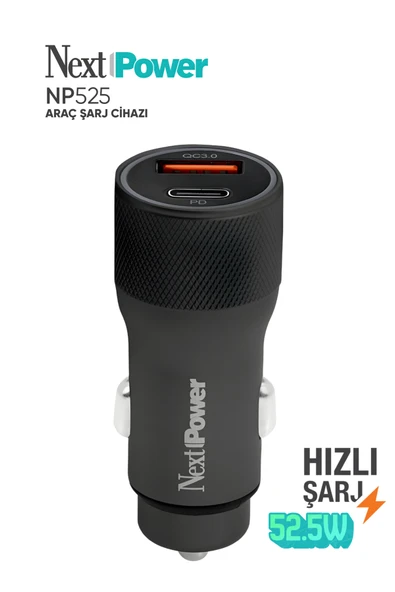 Next Power 52.5W Araç içi Hızlı Şarj Aleti Type-C + USB Güç Adaptörü Oto Çakmaklık - Siyah ürün görseli 1