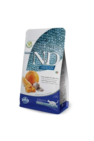 N&D Ocean Ringa Balığı, Balkabağı & Portakal Yetişkin Kedi Maması, 5 Kg ürün görseli 1