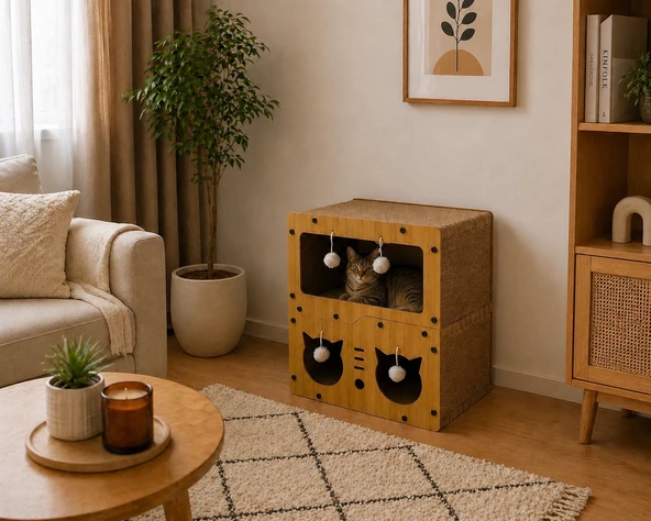 Pureza Ahşap Kedi Evi & Karton Tırmalama Alanı ürün görseli 1