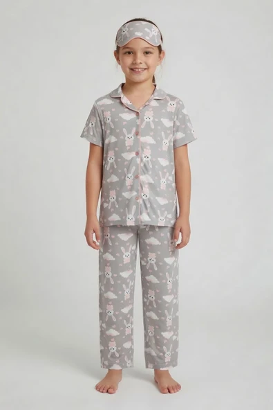Gri Tavşan Desenli Kısa Kol Kız Çocuk Göz Bantlı Pijama Takımı 24012 ürün görseli 1