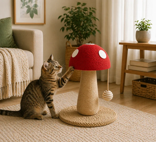 Pureza Kırmızı Mantar Tasarımlı Kedi Tırmalama ve Oyuncak Standı Interaktif Kedi Oyuncağı ürün görseli 1