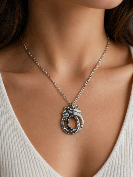 Özgürlük Temalı Kelepçe Kolye Gümüş Renk Unisex Hediye Takı ürün görseli 1