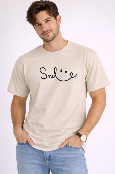 Unisex Tişört Smile Baskılı Basic Oversize Günlük Rahat %100 - Resim 8