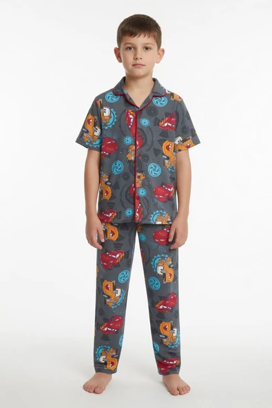 Gri Yarış Arabası Desenli Erkek Çocuk Pijama Takımı 24009 ürün görseli 1