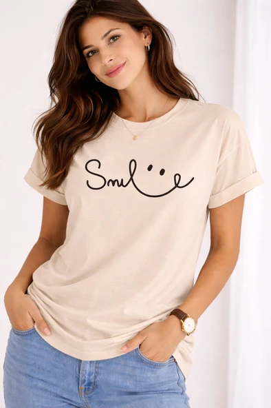 Unisex Tişört Smile Baskılı Basic Oversize Günlük Rahat %100 - Resim 7