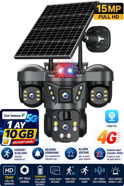 RX66G 3 Kameralı 4G Sim Kartlı Solar Güvenlik Kamerası Dış Mekan Gece Görüşlü Güneş Panelli Kamera 1 Ay Sim Kart Dahil ürün görseli 1