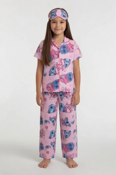 Pembe Karakter Desenli Kısa Kol Kız Çocuk Göz Bantlı Pijama Takımı 24014 ürün görseli 1