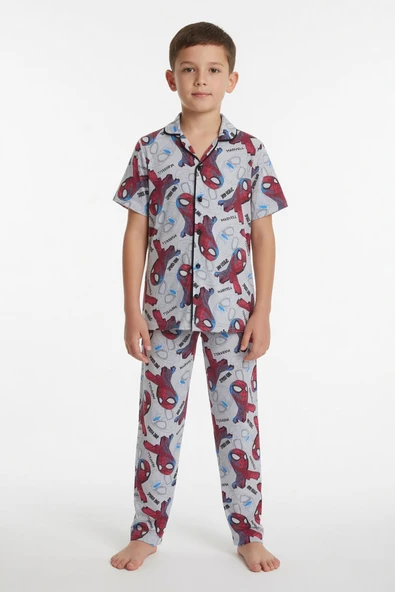 Gri Örümcek Adam Baskılı Erkek Çocuk Düğmeli Pijama Takımı 24010 ürün görseli 1