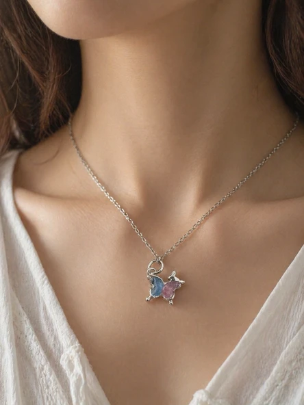 Butterfly Figürlü Renkli Taşlı Kadın Kolye Hediye Şık Tasarım ürün görseli 1
