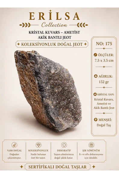 Sertifikalı Kristal Kuvars Ametist Akik Bantlı Jeot Koleksiyonluk Doğal Taş Dekoratif Obje NO 175 ürün görseli 1