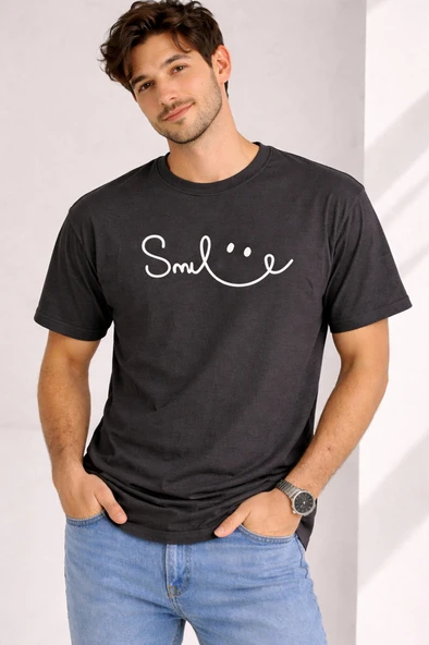 Unisex Tişört Smile Baskılı Basic Oversize Günlük Rahat %100 - Resim 6