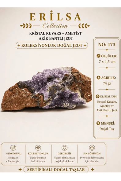 Sertifikalı Kristal Kuvars Ametist Akik Bantlı Jeot Koleksiyonluk Doğal Taş Dekoratif Obje NO 173 ürün görseli 1