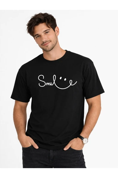 Unisex Tişört Smile Baskılı Basic Oversize Günlük Rahat %100 - Resim 2