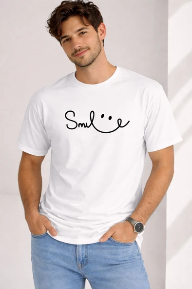 Unisex Tişört Smile Baskılı Basic Oversize Günlük Rahat %100 - Resim 4