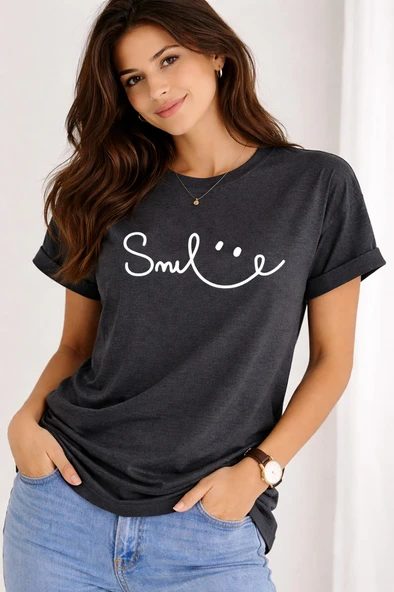 Unisex Tişört Smile Baskılı Basic Oversize Günlük Rahat %100 - Resim 5