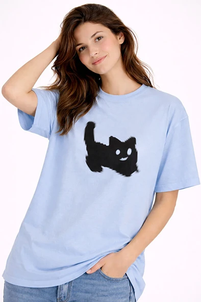 Unisex Oversize Tişört Kedi Baskılı Minimal Tasarım %100 Pamuk ürün görseli 1