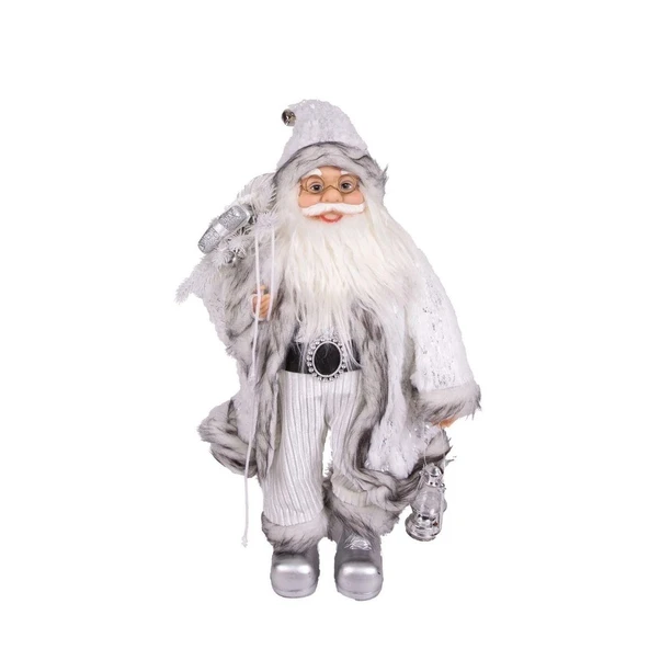 Yılbaşı Noel Baba Beyaz Hediye Çuvallı Fenerli Gümüş Gri 45 Cm. ürün görseli 1