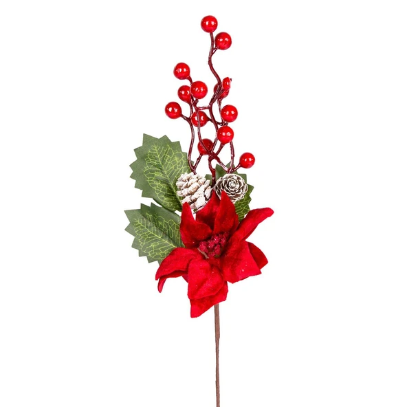 Yılbaşı Çiçeği Pike Berry Puansetyalı Karlı Kozalaklı Kırmızı Yeşil 30 Cm. ürün görseli 1