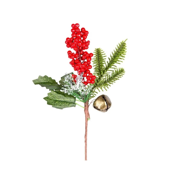 Yılbaşı Çiçeği Karlı Pike Berry Çanlı Kırmızı Yeşil 30 Cm. ürün görseli 1