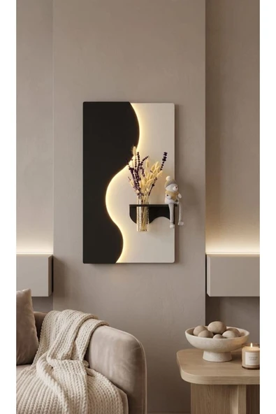SERENGETI ART MANOLYA AHŞAP PİLLİ LEDLİ İSKANDİNAV TARZI SALON DUVAR RAFI MODERN ÇİÇEKLİK 40 X 70 CM ürün görseli 1
