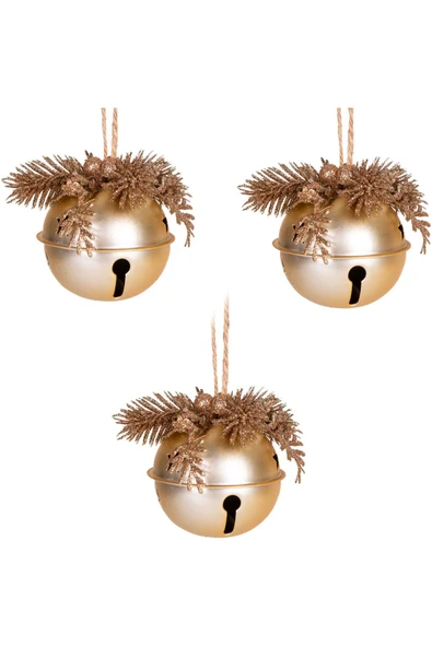 Yılbaşı Ağaç Süsü Çıngıraklı Yılbaşı Topu 3lü Set Simli Berry Süslü Gold 8cm ürün görseli 1