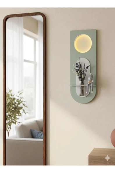 SERENGETI ART MİMOZA AHŞAP PİLLİ LEDLİ İSKANDİNAV TARZI SALON DUVAR RAFI MODERN ÇİÇEKLİK 30 X 80 CM ürün görseli 1