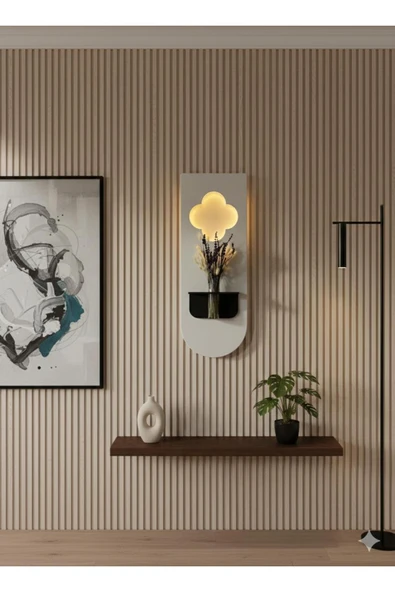 SERENGETI ART PAPATYA AHŞAP PİLLİ LEDLİ İSKANDİNAV TARZI SALON DUVAR RAFI MODERN ÇİÇEKLİK 30 X 80 CM ürün görseli 1