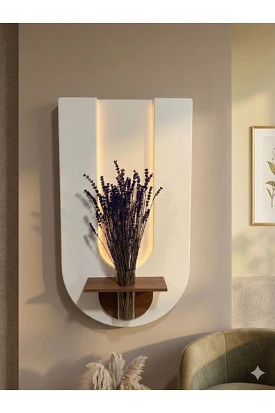 SERENGETI ART BEGONVİL AHŞAP PİLLİ LEDLİ İSKANDİNAV SALON DUVAR RAFI ŞIK MODERN ÇİÇEKLİK 40 X 75 CM ürün görseli 1