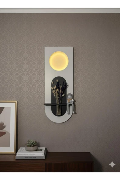 SERENGETI ART MİMOZA AHŞAP PİLLİ LEDLİ İSKANDİNAV TARZI SALON DUVAR RAFI MODERN ÇİÇEKLİK 30 X 80 CM ürün görseli 1